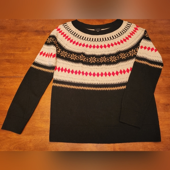 Talbots Fair Isle Wool Blend Sweater Black W Multi-Color L Holiday Cabincore - Picture 8 of 9